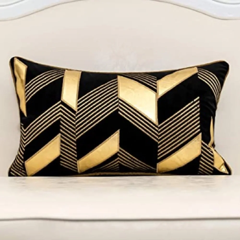 Luxury Home | Black & Gold Soft Velvet Faux Leather Geo Lumbar Pillow Cover
